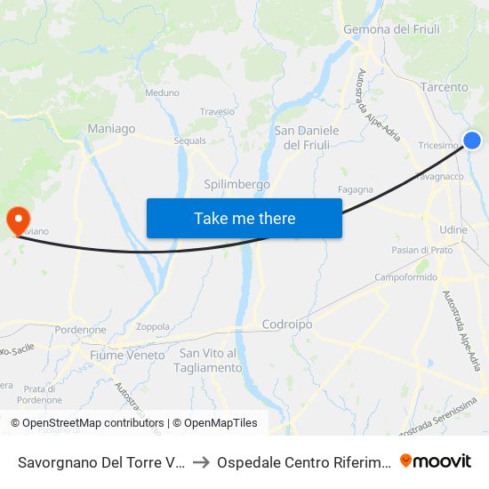 Savorgnano Del Torre Via Della Motta 3 to Ospedale Centro Riferimento Oncologico map