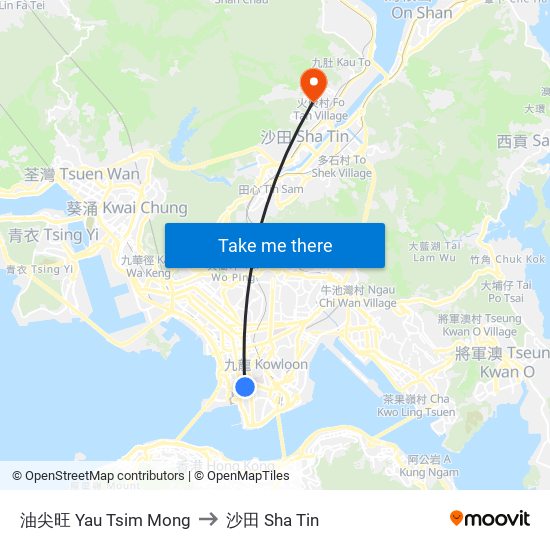 油尖旺 Yau Tsim Mong to 沙田 Sha Tin map