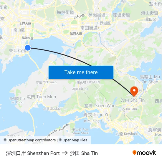 深圳口岸 Shenzhen Port to 沙田 Sha Tin map