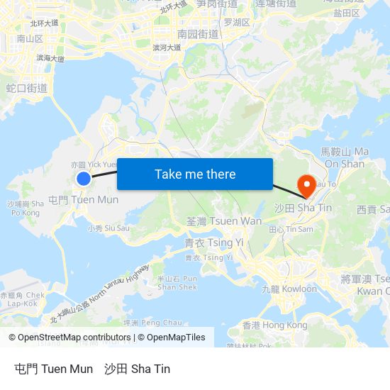 屯門 Tuen Mun to 沙田 Sha Tin map