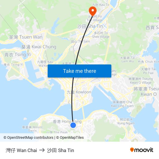 灣仔 Wan Chai to 沙田 Sha Tin map