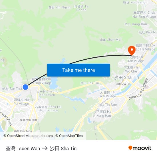 荃灣 Tsuen Wan to 沙田 Sha Tin map