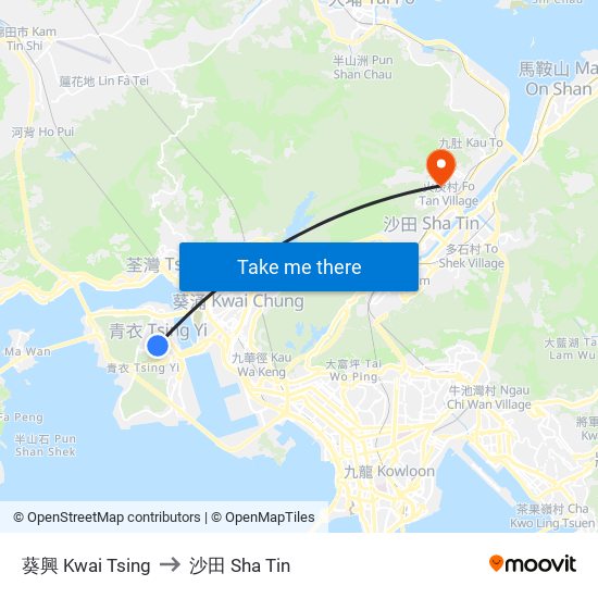 葵興 Kwai Tsing to 沙田 Sha Tin map