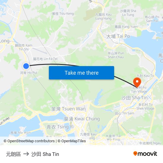 元朗區 to 沙田 Sha Tin map