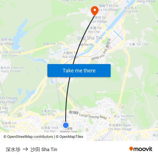 深水埗 to 沙田 Sha Tin map