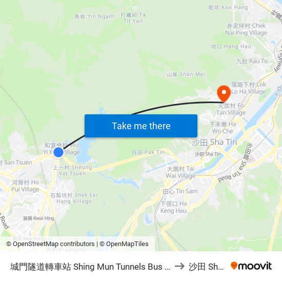 城門隧道轉車站 Shing Mun Tunnels Bus Interchange to 沙田 Sha Tin map