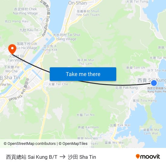 西貢總站 Sai Kung B/T to 沙田 Sha Tin map