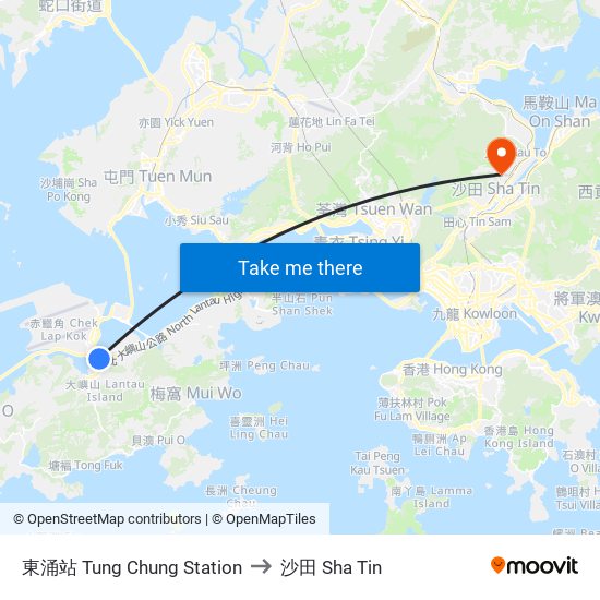 東涌站 Tung Chung Station to 沙田 Sha Tin map