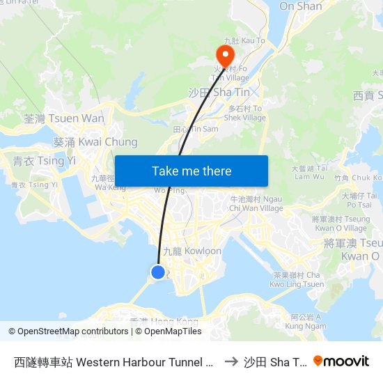 西隧轉車站 Western Harbour Tunnel Bbi to 沙田 Sha Tin map