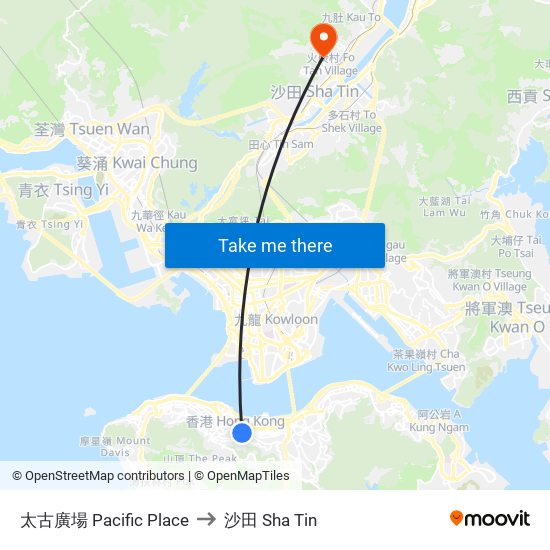 太古廣場 Pacific Place to 沙田 Sha Tin map