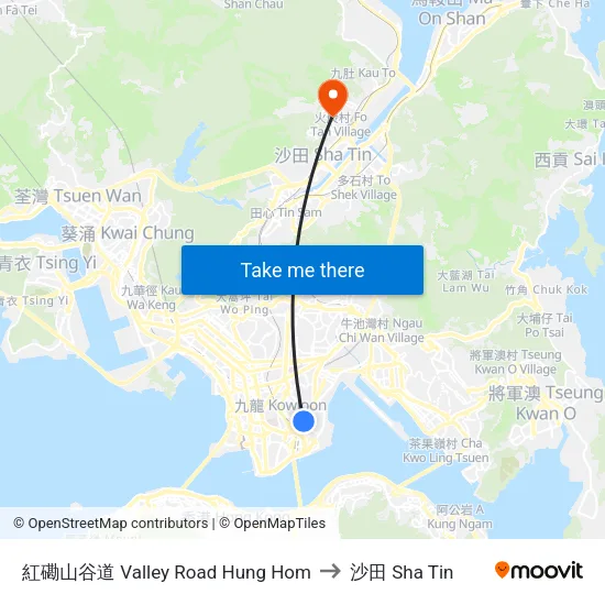 紅磡山谷道 Valley Road Hung Hom to 沙田 Sha Tin map