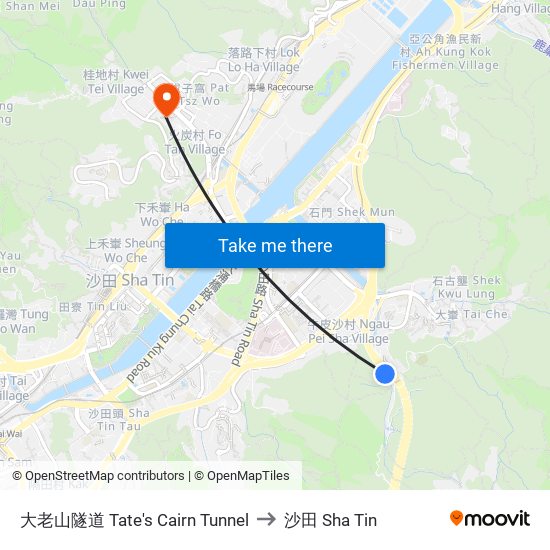 大老山隧道 Tate's Cairn Tunnel to 沙田 Sha Tin map