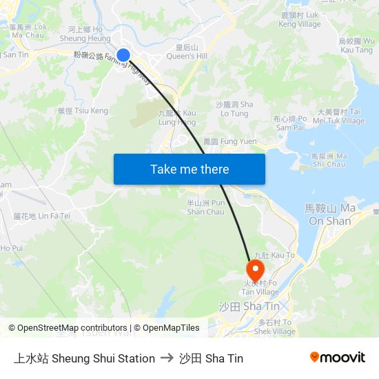上水站 Sheung Shui Station to 沙田 Sha Tin map