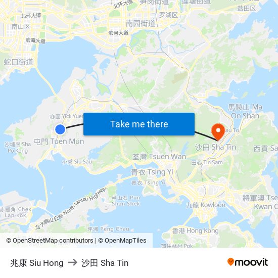 兆康 Siu Hong to 沙田 Sha Tin map