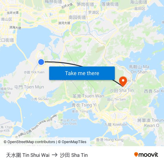 天水圍 Tin Shui Wai to 沙田 Sha Tin map