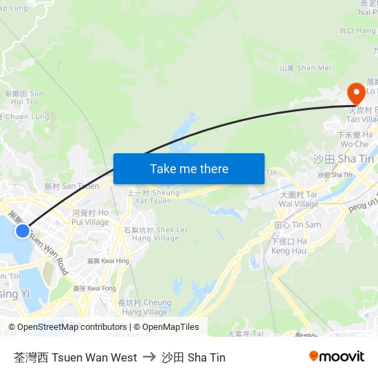 荃灣西 Tsuen Wan West to 沙田 Sha Tin map