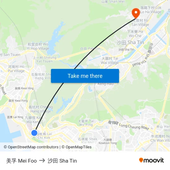 美孚 Mei Foo to 沙田 Sha Tin map