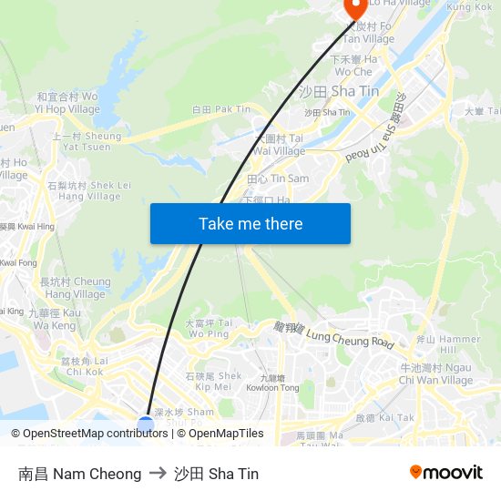 南昌 Nam Cheong to 沙田 Sha Tin map