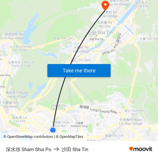 深水埗 Sham Shui Po to 沙田 Sha Tin map