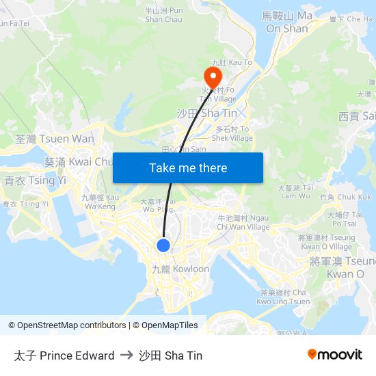 太子 Prince Edward to 沙田 Sha Tin map