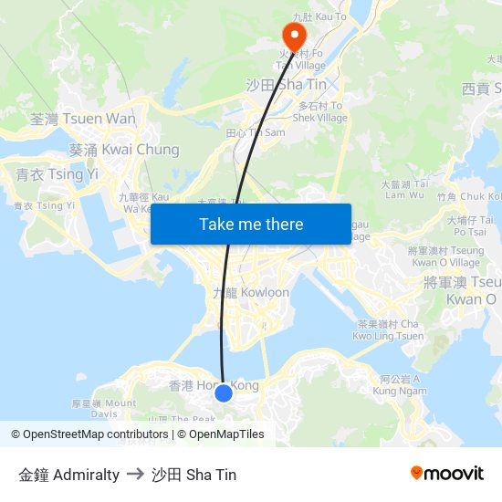 金鐘 Admiralty to 沙田 Sha Tin map