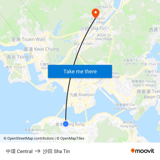 中環 Central to 沙田 Sha Tin map
