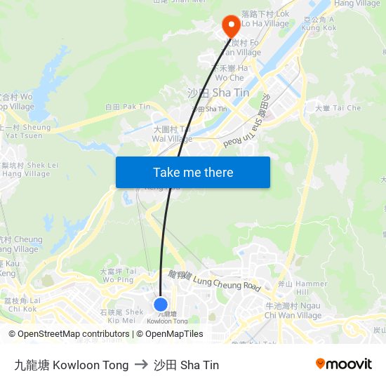 九龍塘 Kowloon Tong to 沙田 Sha Tin map