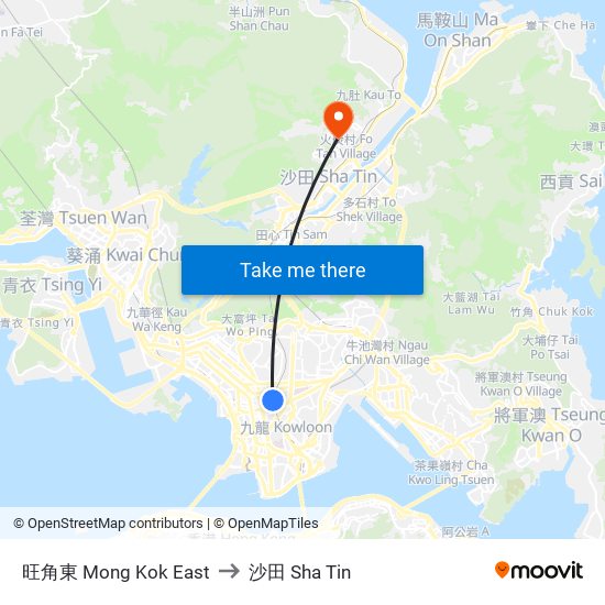 旺角東 Mong Kok East to 沙田 Sha Tin map