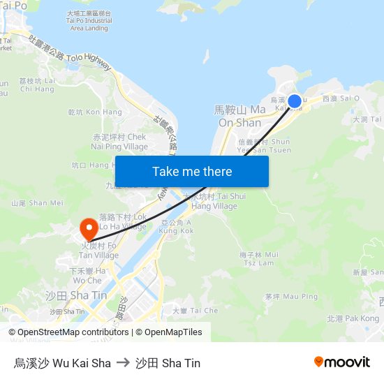 烏溪沙 Wu Kai Sha to 沙田 Sha Tin map