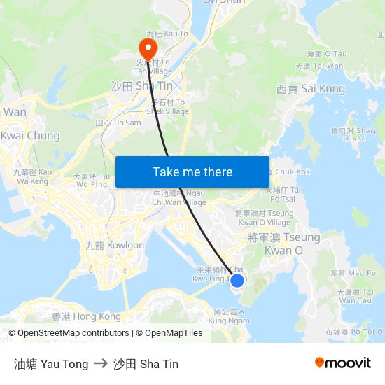 油塘 Yau Tong to 沙田 Sha Tin map