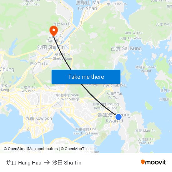 坑口 Hang Hau to 沙田 Sha Tin map