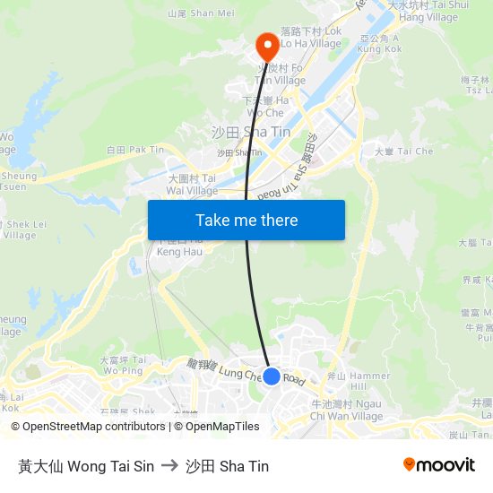 黃大仙 Wong Tai Sin to 沙田 Sha Tin map