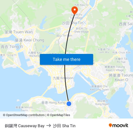 銅鑼灣 Causeway Bay to 沙田 Sha Tin map