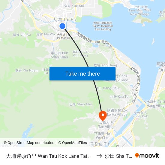 大埔運頭角里 Wan Tau Kok Lane Tai Po to 沙田 Sha Tin map