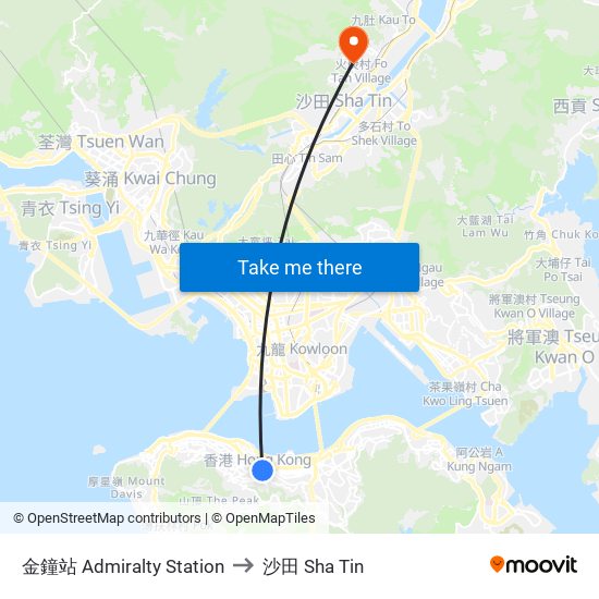 金鐘站 Admiralty Station to 沙田 Sha Tin map