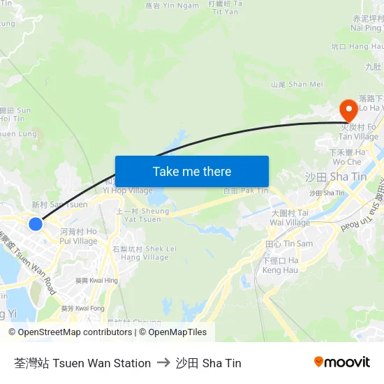 荃灣站 Tsuen Wan Station to 沙田 Sha Tin map