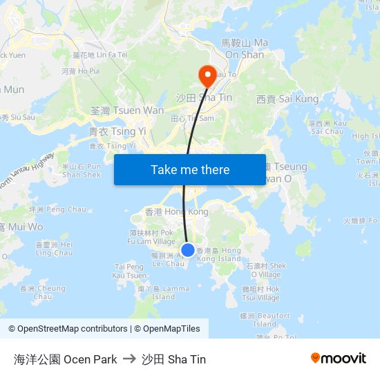 海洋公園 Ocen Park to 沙田 Sha Tin map