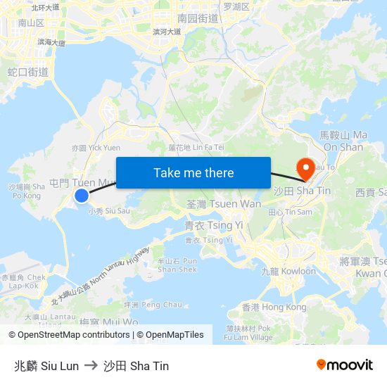 兆麟 Siu Lun to 沙田 Sha Tin map