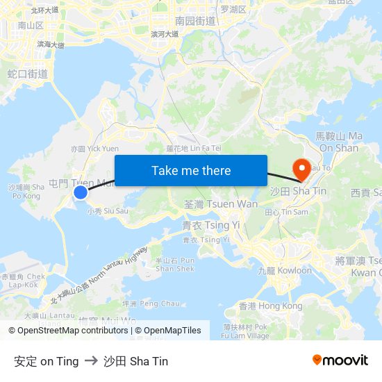 安定 on Ting to 沙田 Sha Tin map