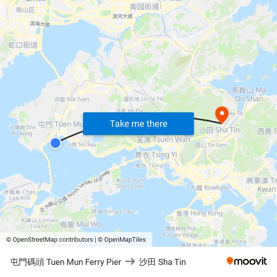 屯門碼頭 Tuen Mun Ferry Pier to 沙田 Sha Tin map