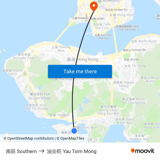 南區 Southern to 油尖旺 Yau Tsim Mong map