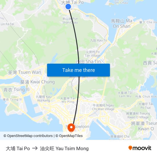 大埔 Tai Po to 油尖旺 Yau Tsim Mong map