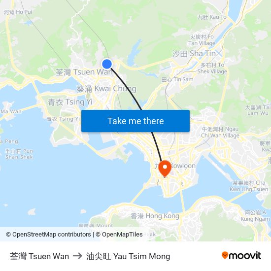 荃灣 Tsuen Wan to 油尖旺 Yau Tsim Mong map