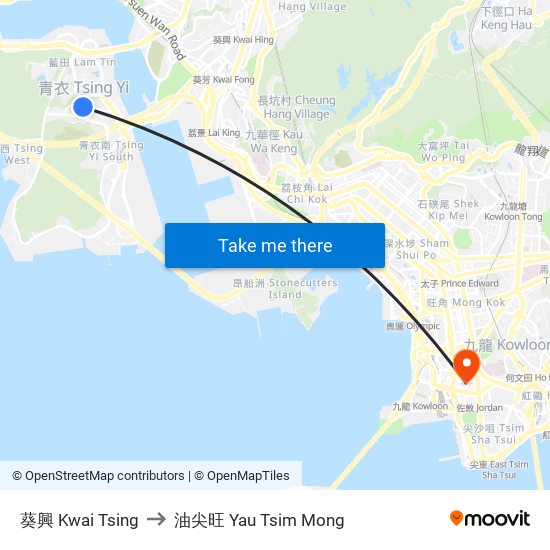 葵興 Kwai Tsing to 油尖旺 Yau Tsim Mong map