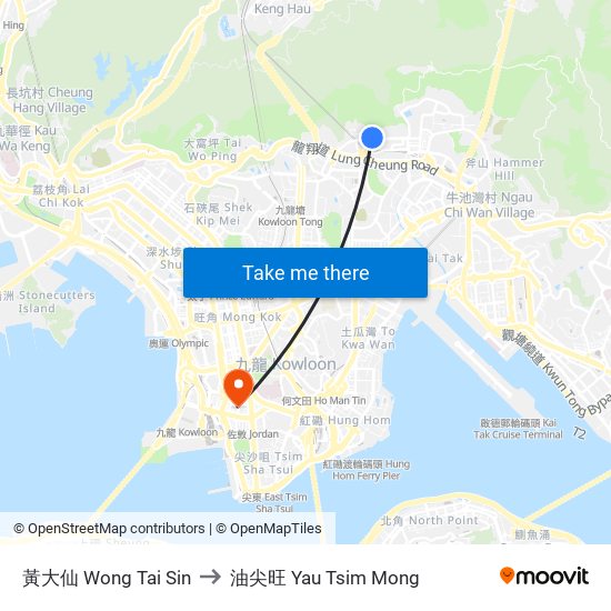 黃大仙 Wong Tai Sin to 油尖旺 Yau Tsim Mong map