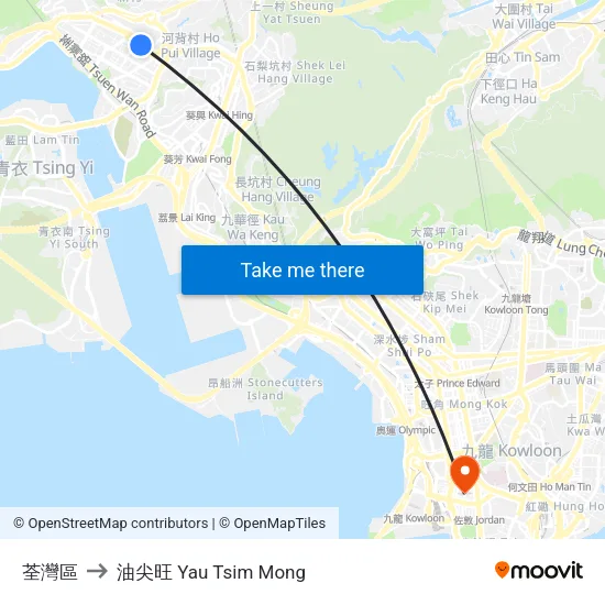 荃灣區 to 油尖旺 Yau Tsim Mong map