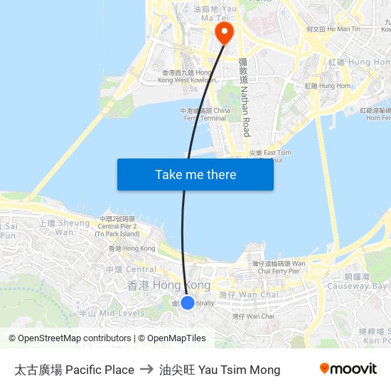 太古廣場 Pacific Place to 油尖旺 Yau Tsim Mong map