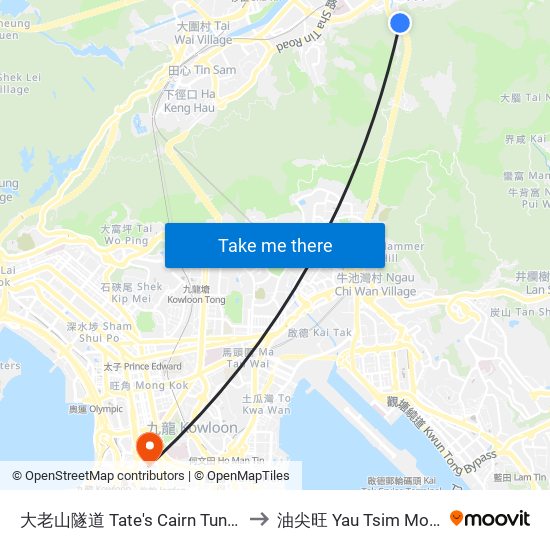 大老山隧道 Tate's Cairn Tunnel to 油尖旺 Yau Tsim Mong map