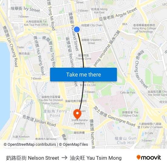 奶路臣街 Nelson Street to 油尖旺 Yau Tsim Mong map