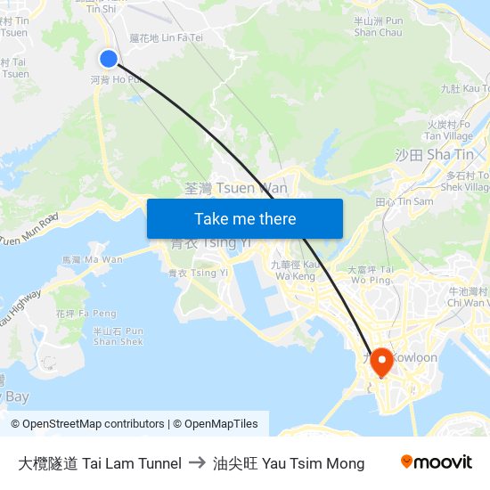 大欖隧道 Tai Lam Tunnel to 油尖旺 Yau Tsim Mong map